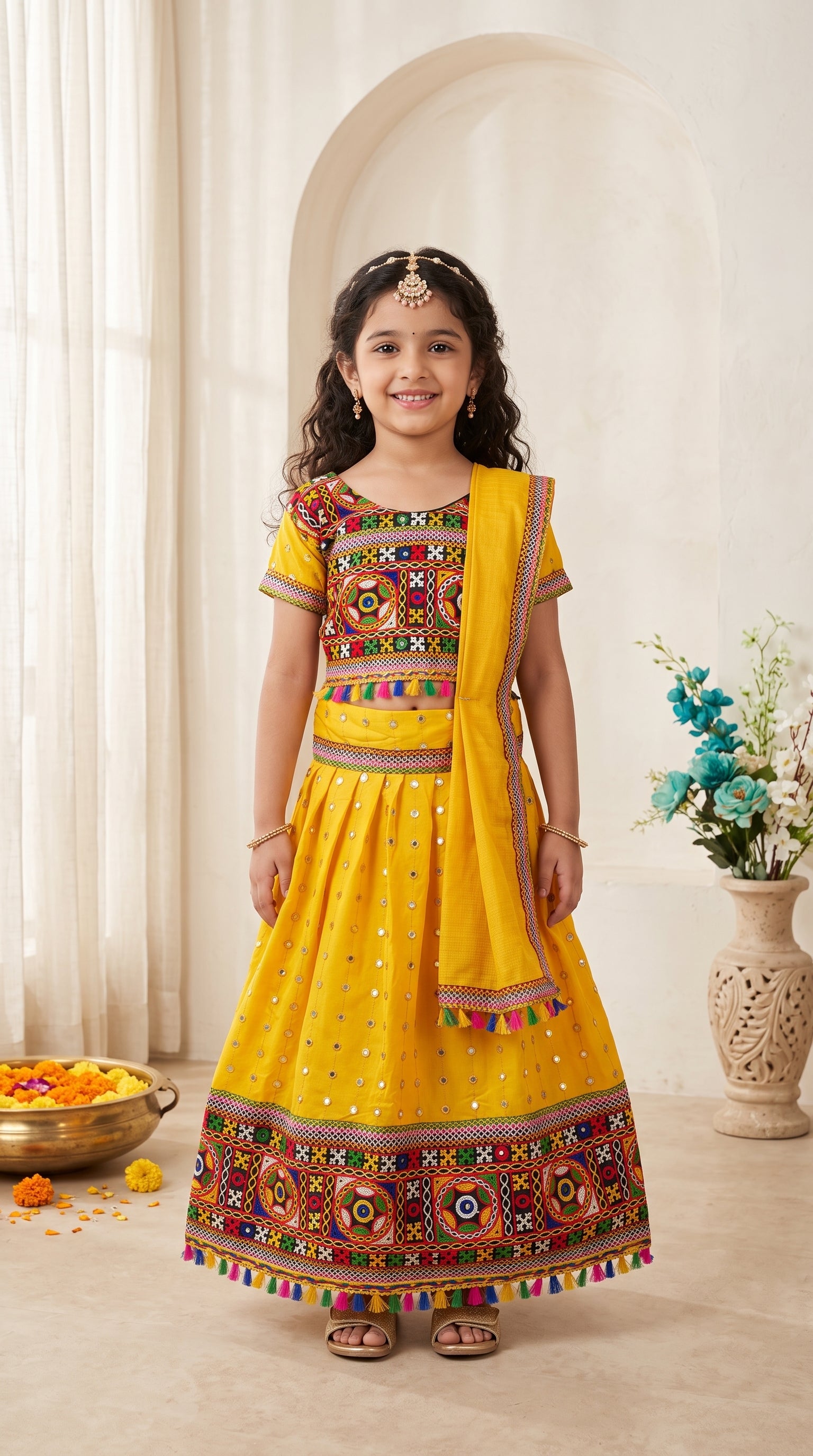 Ahhaaaa Girls' Traditional Dandiya Print Chaniya Choli | Festive Lehenga Blouse & Draped Dupatta 3-Piece Set Yellow