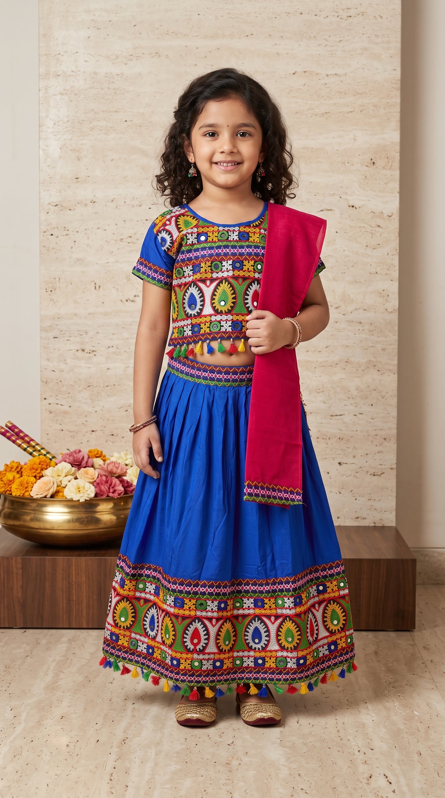 Ahhaaaa Girls' Traditional Embroidered Navratri Chaniya Choli | Festive Lehenga Blouse & Dupatta 3-Piece Set Blue