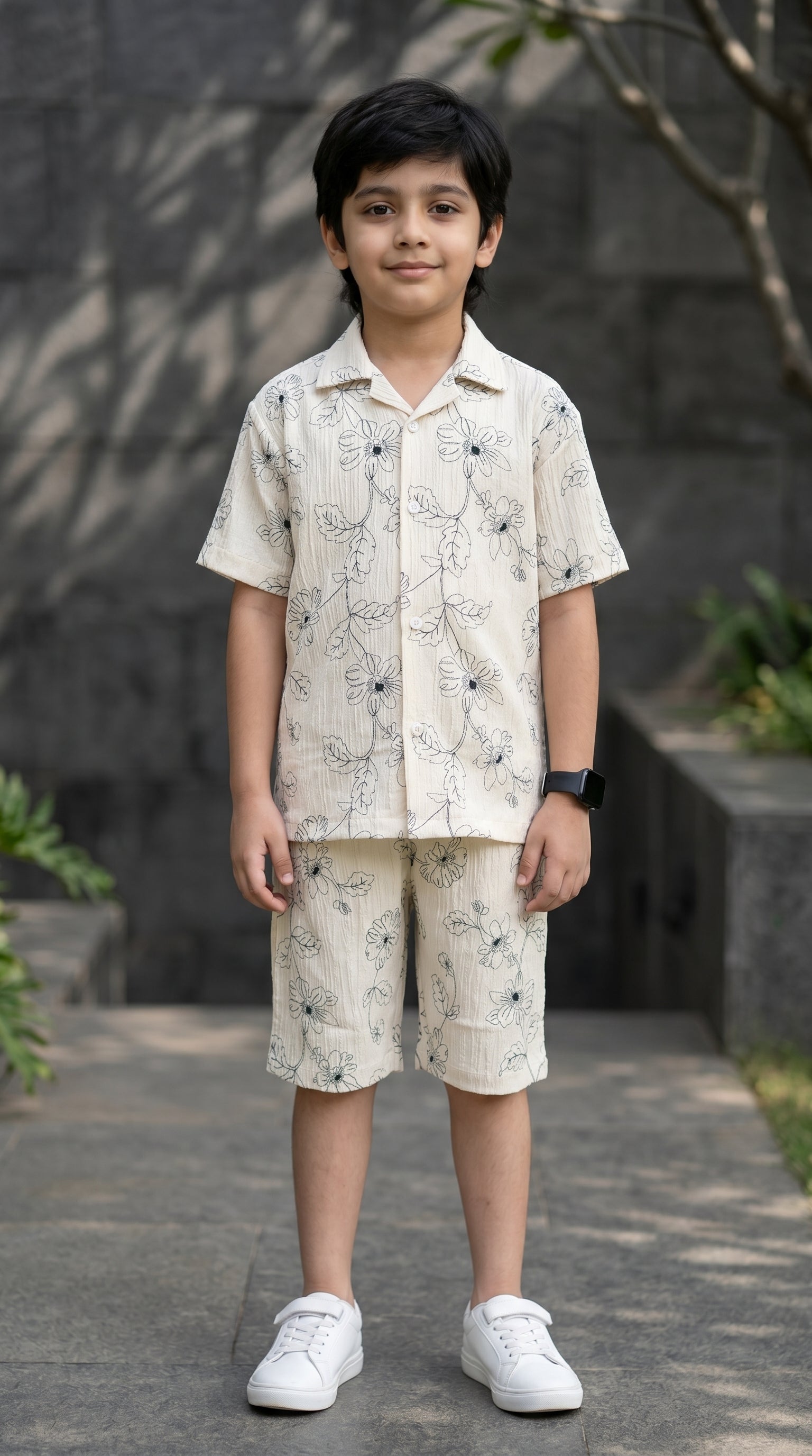 Ahhaaaa Boys 2-Piece Botanical Line-Art Co-ord Set - Shirt & Shorts (Green, Grey, Purple) Green