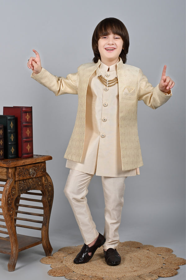 Ahhaaaa Kids Sequin Embedded Indo-Western Kurta, Pajama and Waistcoat Set for Boys