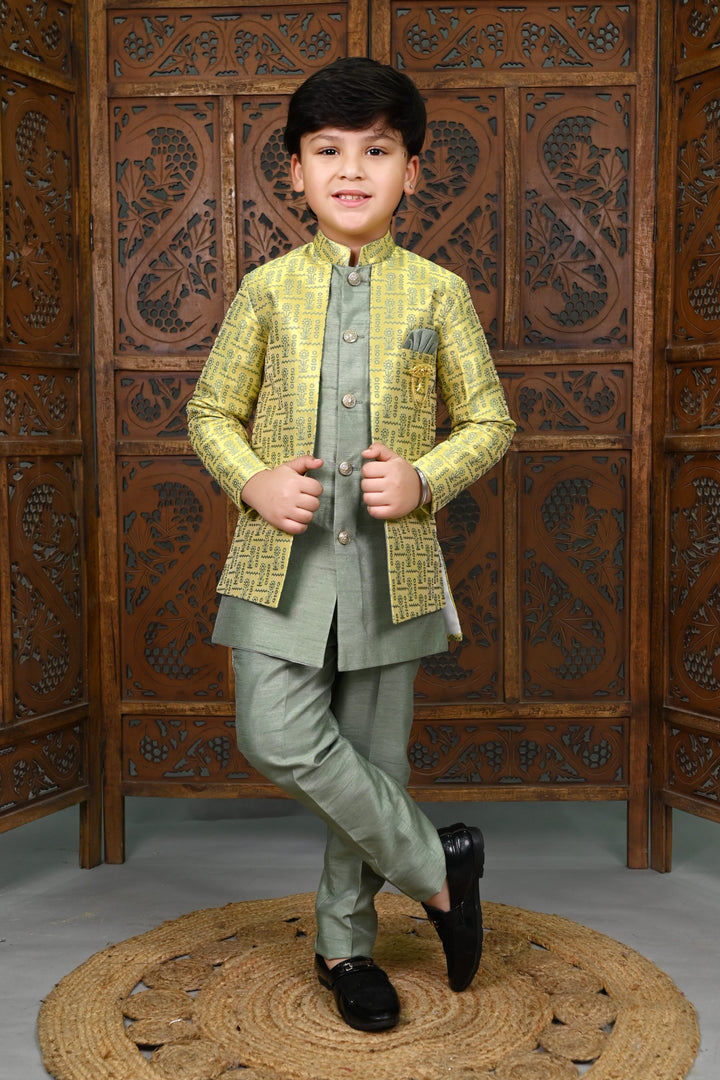 AHHAAAA Kids' Embroidered Jacquard Silk Sherwani – Boys' Wedding Sherwani Set with Festive Ethnic Prints |575| Lemon