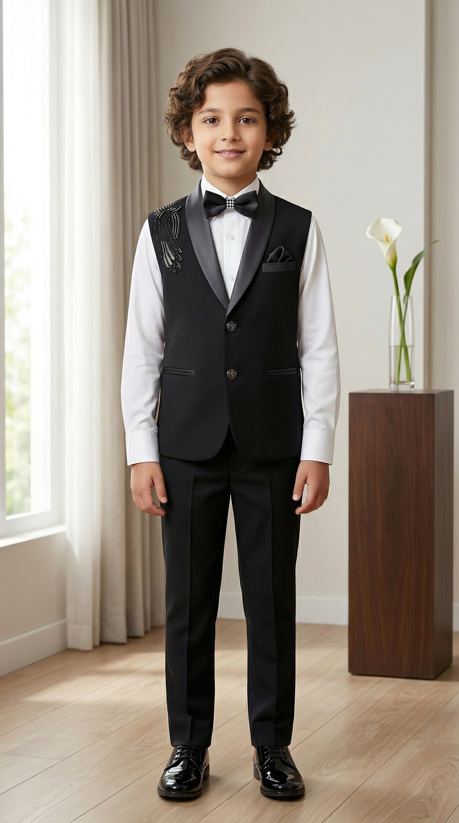Ahhaaaa Boys' Black Party Wear Tuxedo Suit | Waistcoat, White Shirt & Pant Set