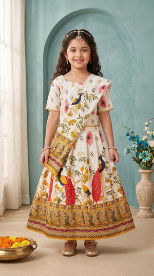Ahhaaaa Girls' Peacock Kalamkari Print Chaniya Choli | Festive Lehenga Blouse & Draped Dupatta 3-Piece Set Red