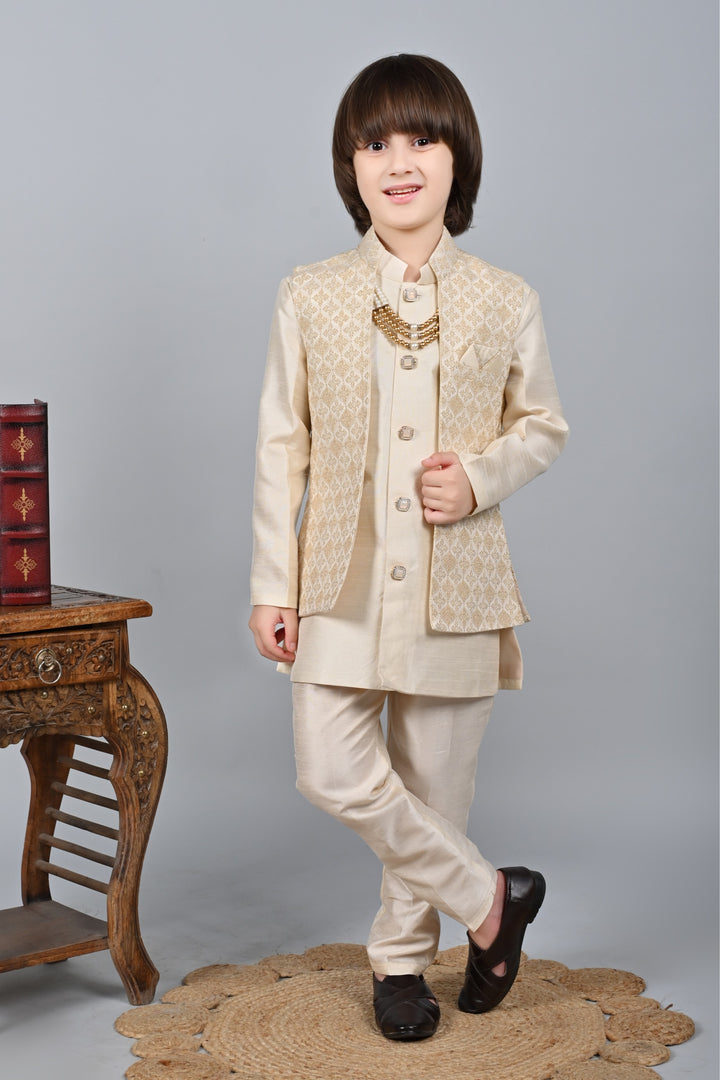 Ahhaaaa Kids Sequin Embedded Indo-Western Kurta, Pajama and Waistcoat Set for Boys