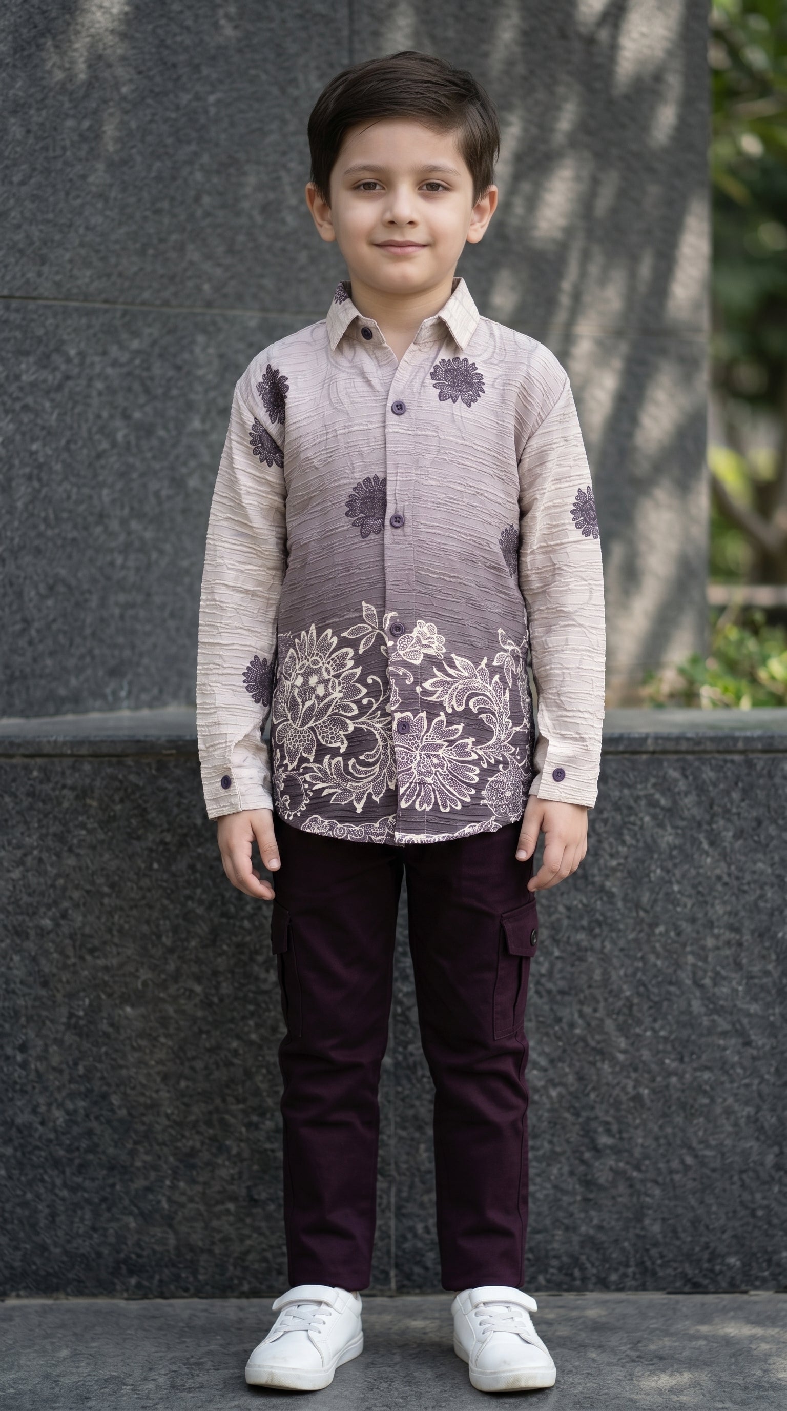 Ahhaaaa Boys Designer Textured Ombre Floral Shirt & Cargo Pant Set - Blue, Grey, Purple (2-8 Years)