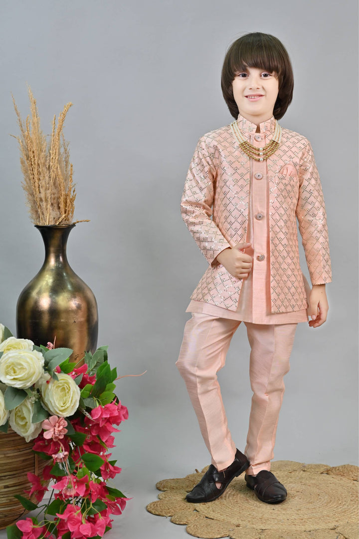 Ahhaaaa Kids Ethnic Jacquard Silk Sequin Printed Indo-Western Sherwani Set with Maala for Boys