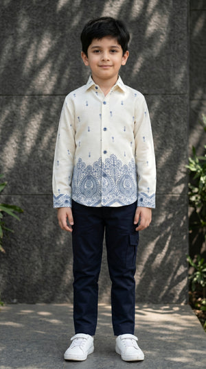 Ahhaaaa Boys Designer Paisley Print Shirt & Cargo Pant Set - Blue, Brown, Pink (2-8 Years) Blue