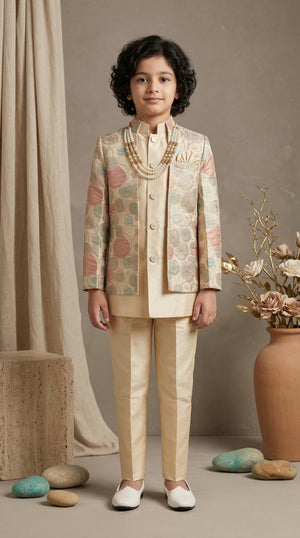 Ahhaaaa Boys 3-Piece Designer Indo-Western Jacket & Kurta Set - Blue, Gold, Maroon (2-11 Years) Gold