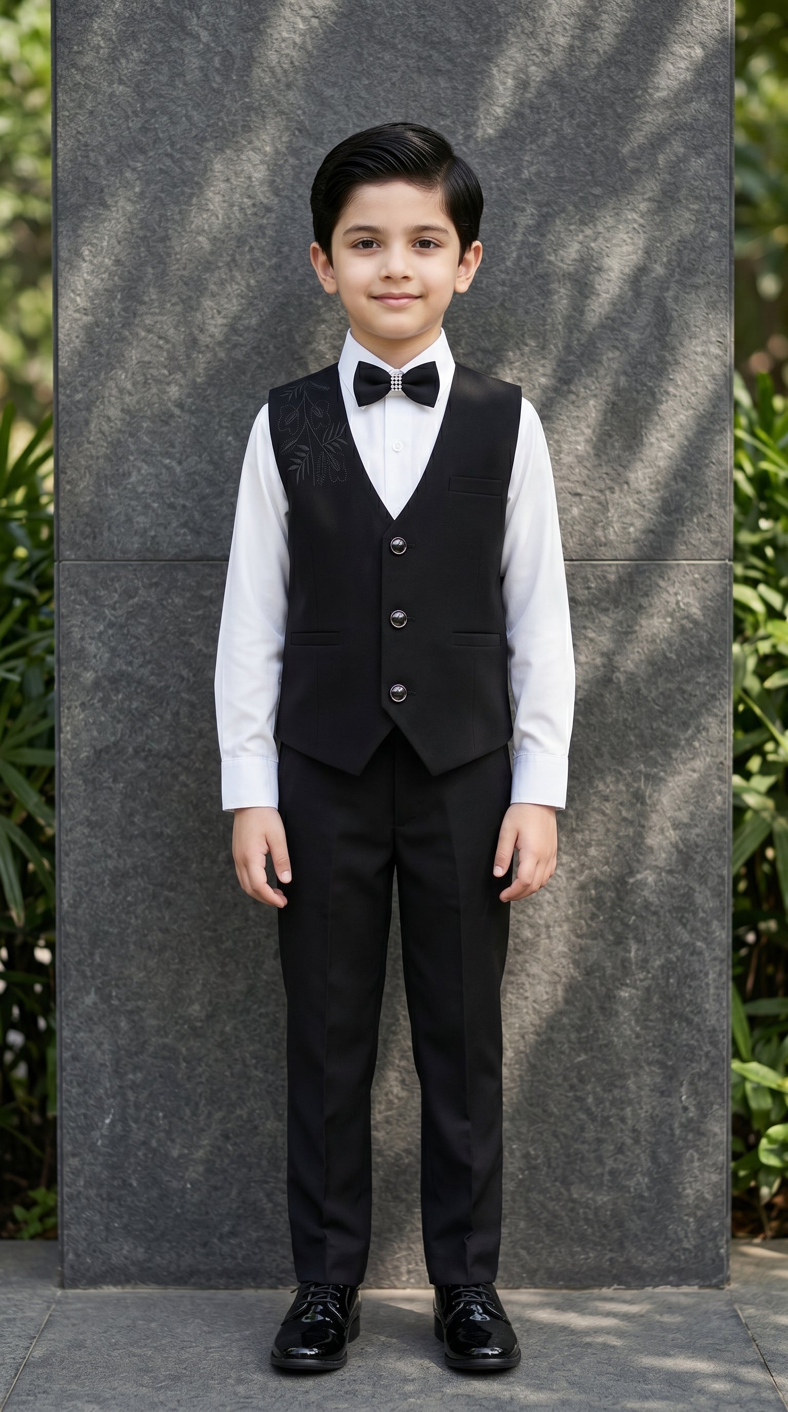 Ahhaaaa Boys 3-Piece Formal Waistcoat Suit Set with Shirt & Bow Tie - Black, Navy, Wine (2-8 Years) Black