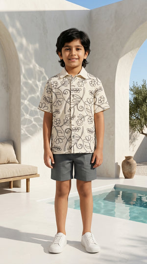 Ahhaaaa Boys 2-Piece Embroidered Floral Vine Co-ord Set - Brown, Green, Grey (2-12 Years) Gray