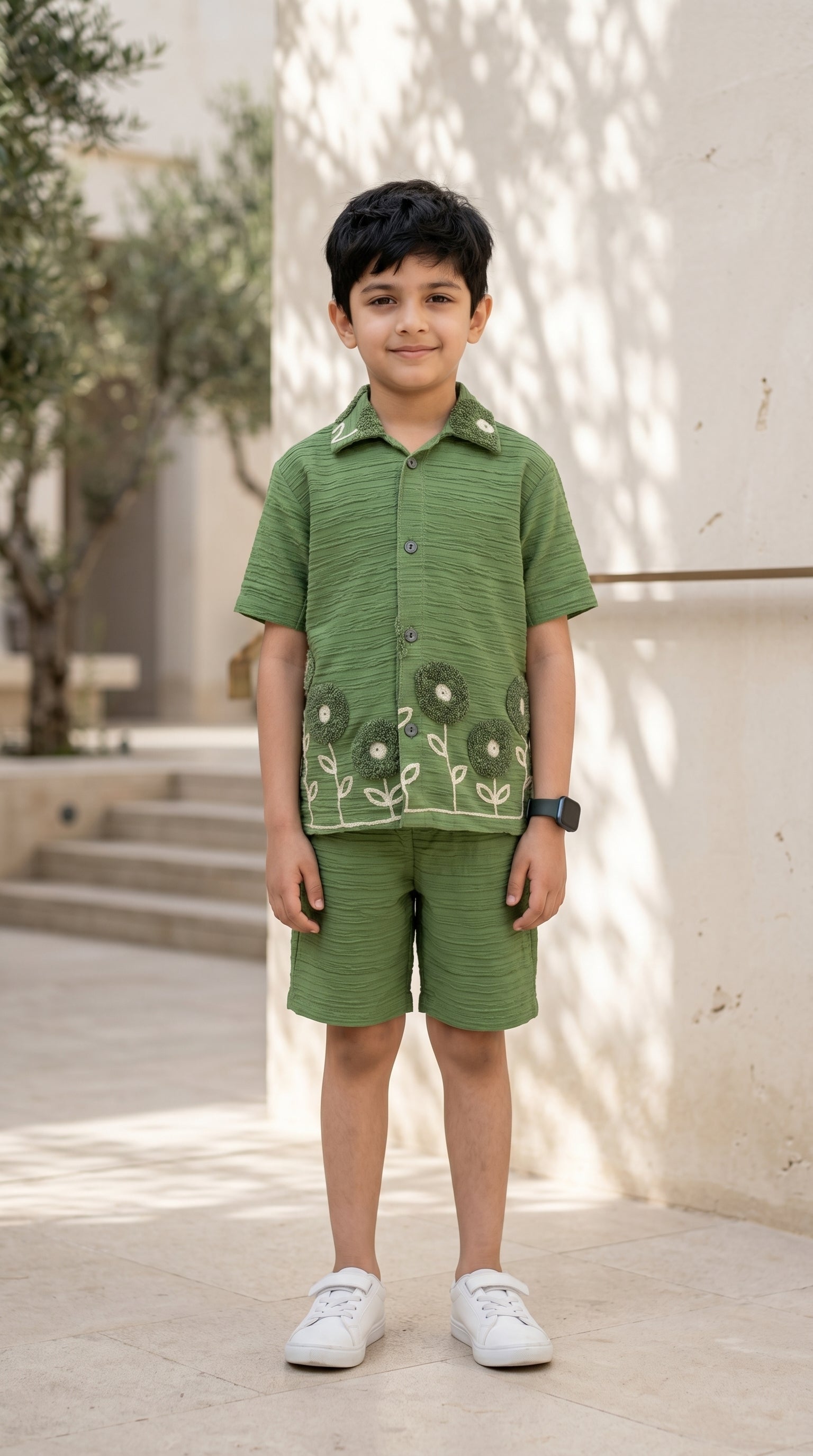 Ahhaaaa Boys Textured Co-ord Set with 3D Floral Embroidery - Shirt & Shorts (Brown, Green, Pink) Green