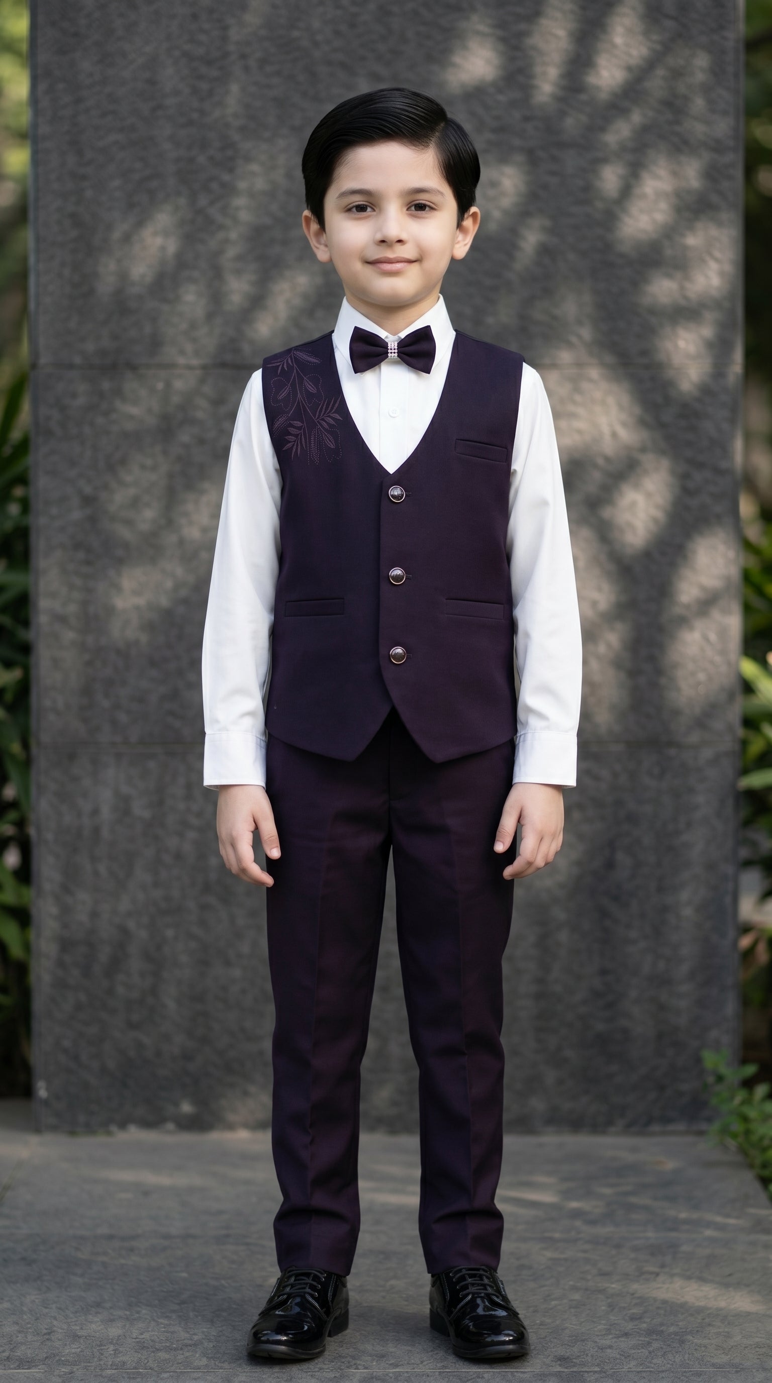 Ahhaaaa Boys 3-Piece Formal Waistcoat Suit Set with Shirt & Bow Tie - Black, Navy, Wine (2-8 Years) Wine