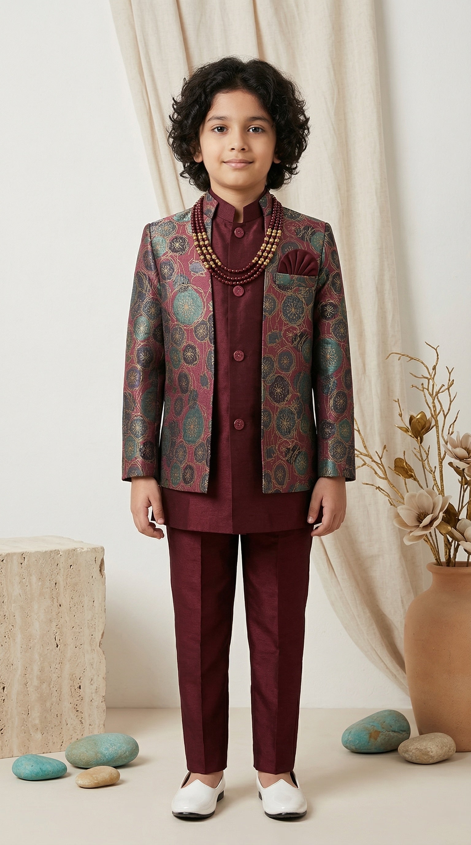 Ahhaaaa Boys 3-Piece Designer Indo-Western Jacket & Kurta Set - Blue, Gold, Maroon (2-11 Years) Maroon