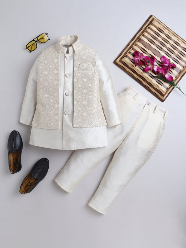 Ahhaaaa Kids Indian Ethnic Waistcoat Silk Kurta Pyjama Set Bollywood Style Wedding Ethnic for Boys Cream