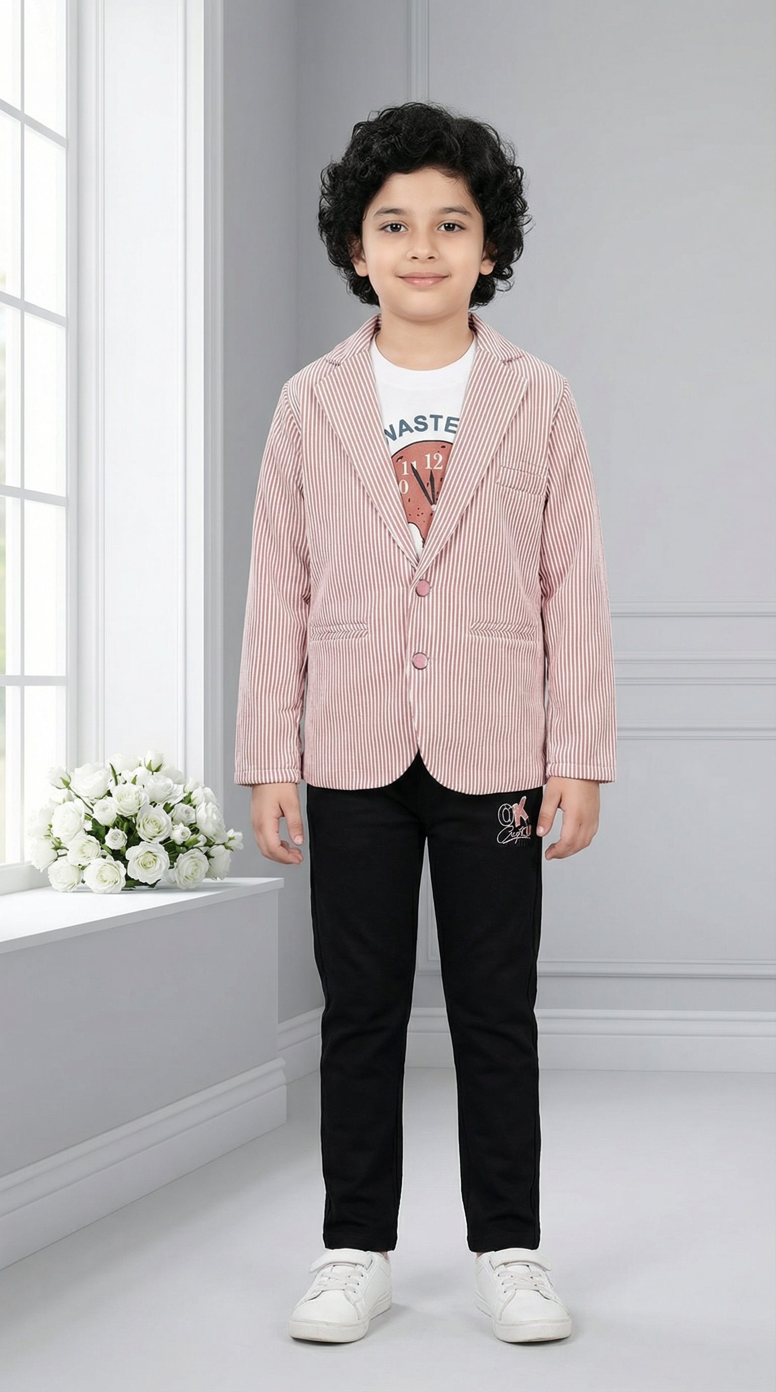 Ahhaaaa Boys' Luxury Japani Silk Striped Indo-Western Blazer & Trouser Set (Ages 2-8Y) Pink