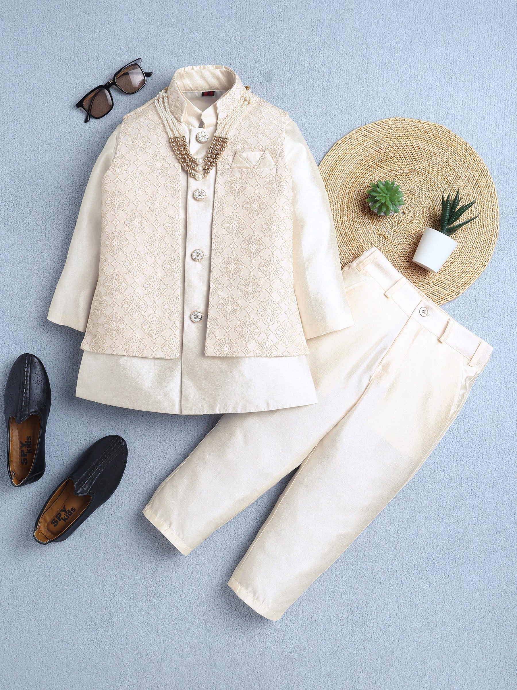 Ahhaaaa Boys Jacquard Sherwani Set | Gold, Pink, Green | Ethnic Party Wear 2-11Y Gold