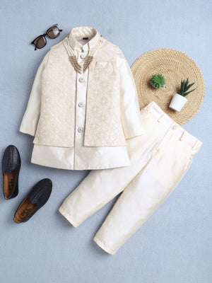 Ahhaaaa Boys Jacquard Sherwani Set | Gold, Pink, Green | Ethnic Party Wear 2-11Y Gold