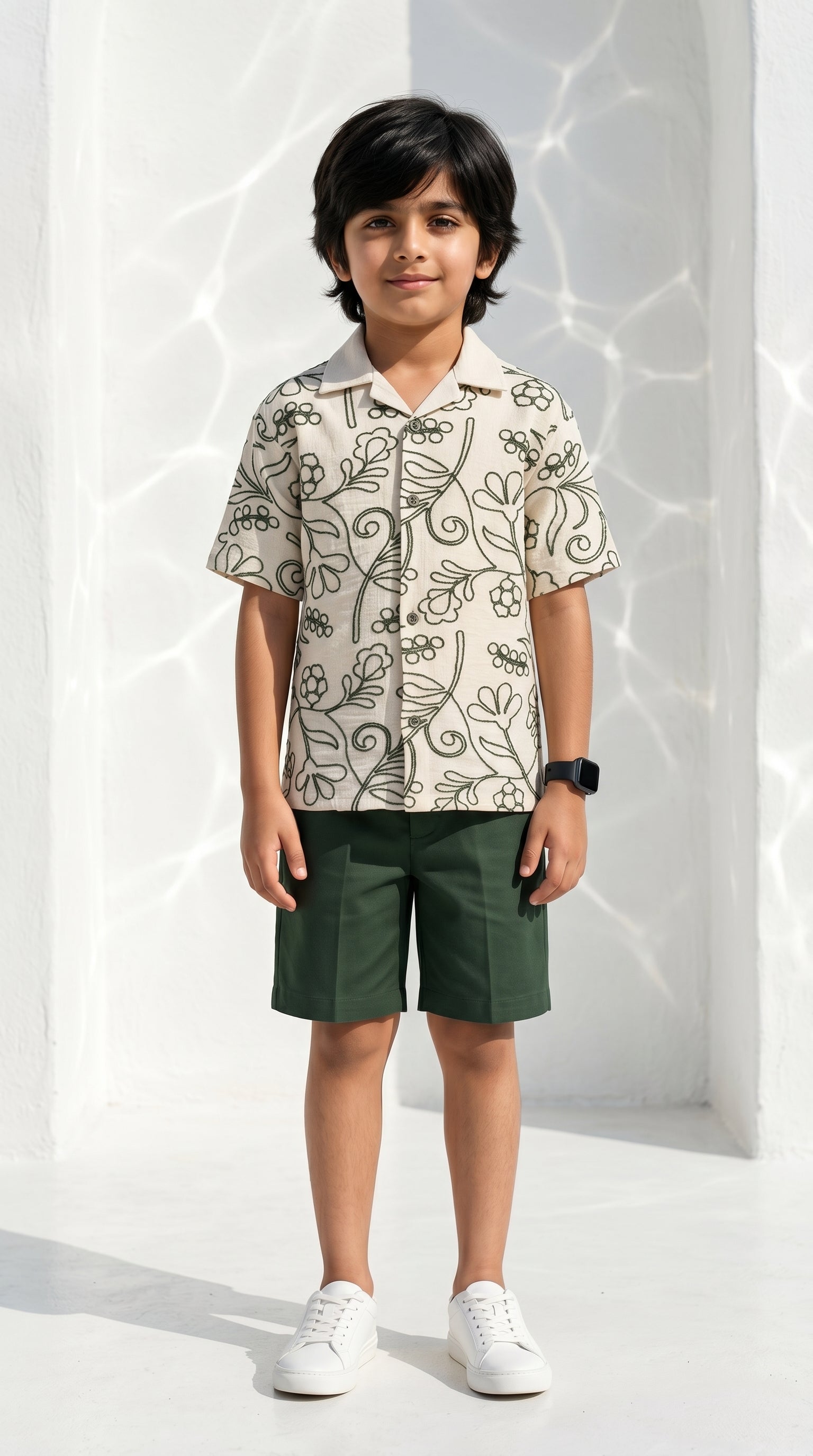 Ahhaaaa Boys 2-Piece Embroidered Floral Vine Co-ord Set - Brown, Green, Grey (2-12 Years) Green