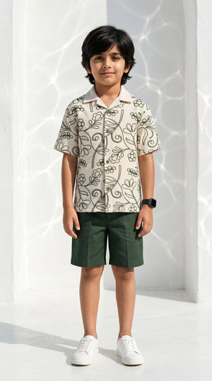Ahhaaaa Boys 2-Piece Embroidered Floral Vine Co-ord Set - Brown, Green, Grey (2-12 Years) Green