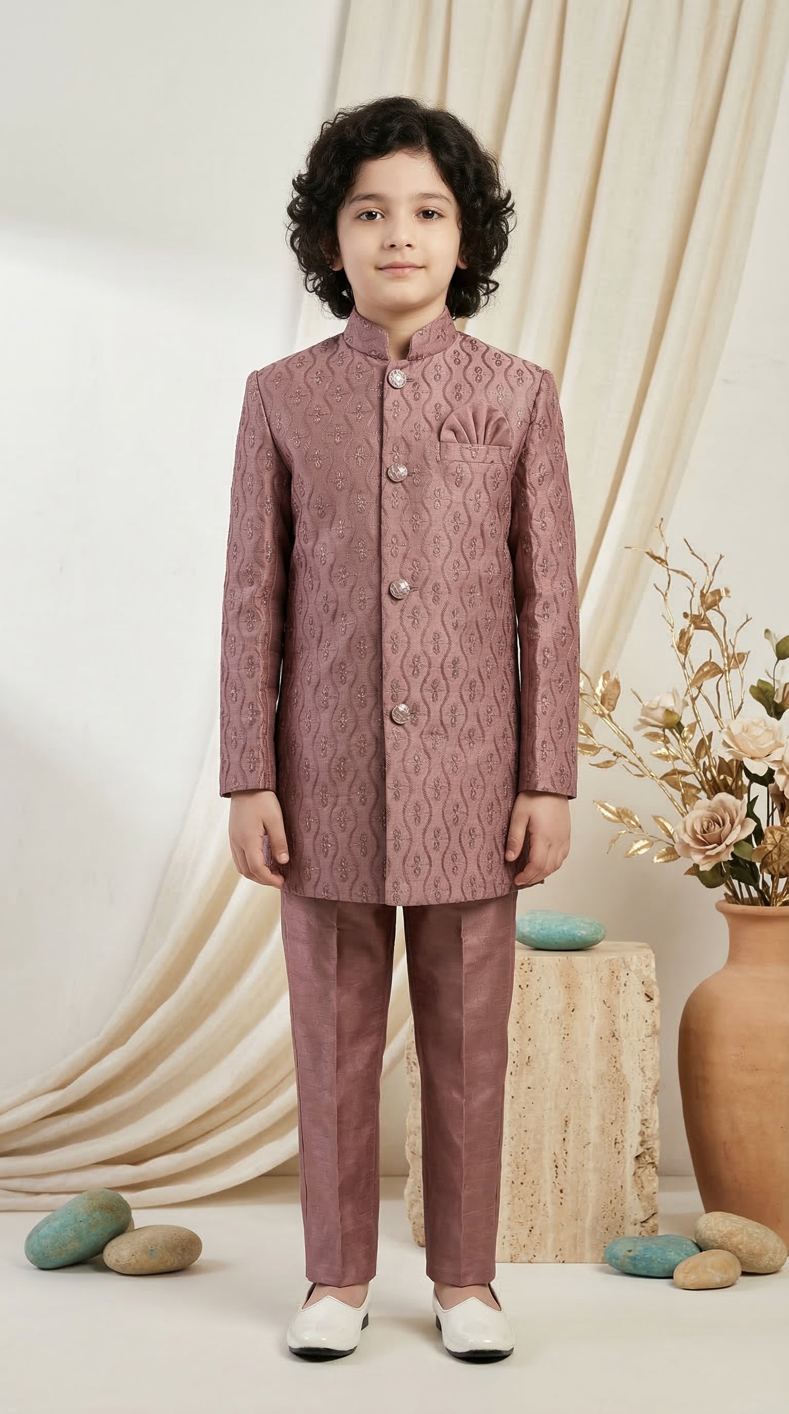 Ahhaaaa Boys Designer Jodhpuri Bandhgala Suit Set - Green, Pink, Cream (2-11 Years) Pink