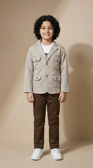 Ahhaaaa Boys' Japani Silk Indo-Western Safari Suit Set (Beige and Grey) Beige