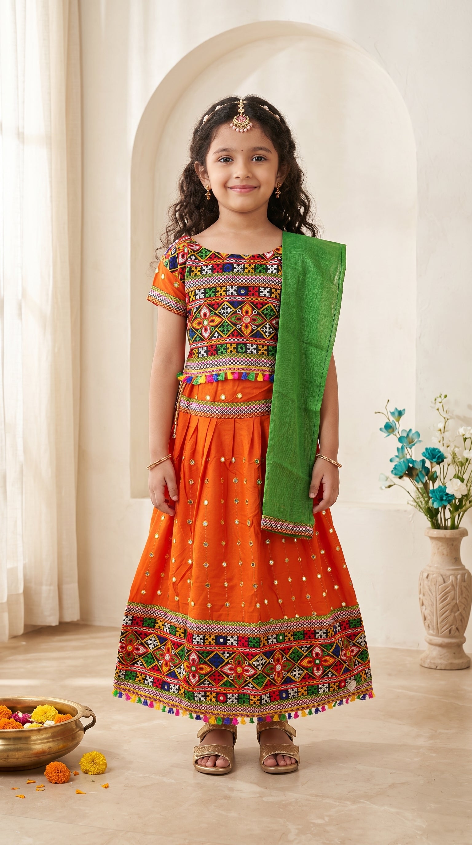 Ahhaaaa Girls' Traditional Dandiya Print Chaniya Choli | Festive Lehenga Blouse & Draped Dupatta 3-Piece Set Orange