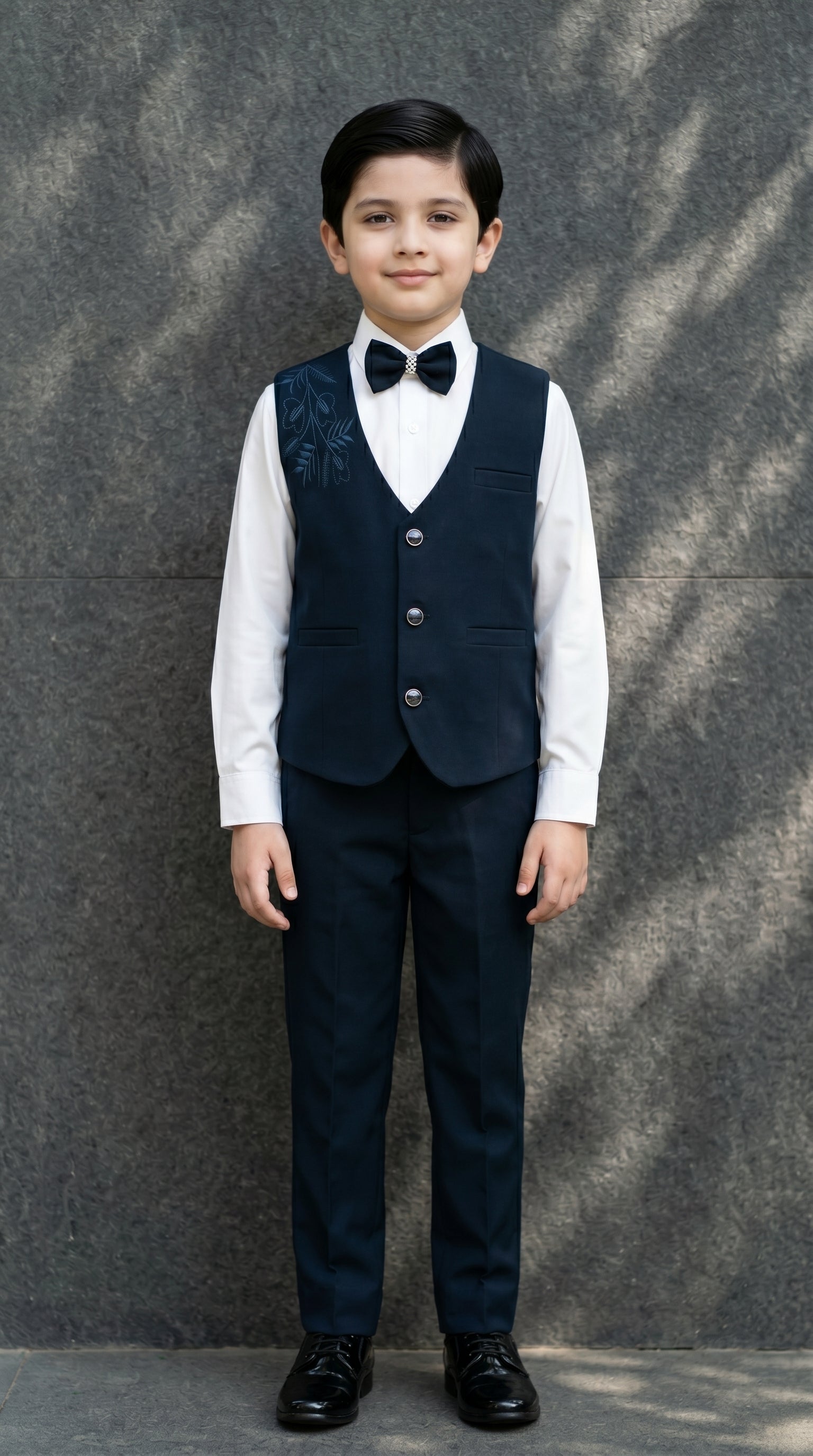Ahhaaaa Boys 3-Piece Formal Waistcoat Suit Set with Shirt & Bow Tie - Black, Navy, Wine (2-8 Years) Navy