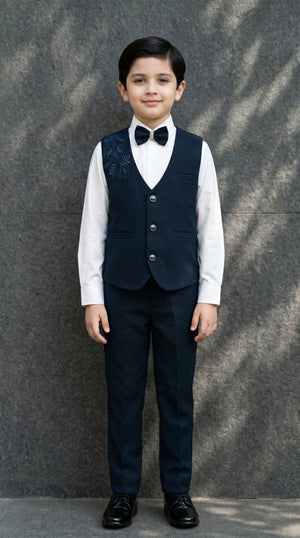 Ahhaaaa Boys 3-Piece Formal Waistcoat Suit Set with Shirt & Bow Tie - Black, Navy, Wine (2-8 Years) Navy