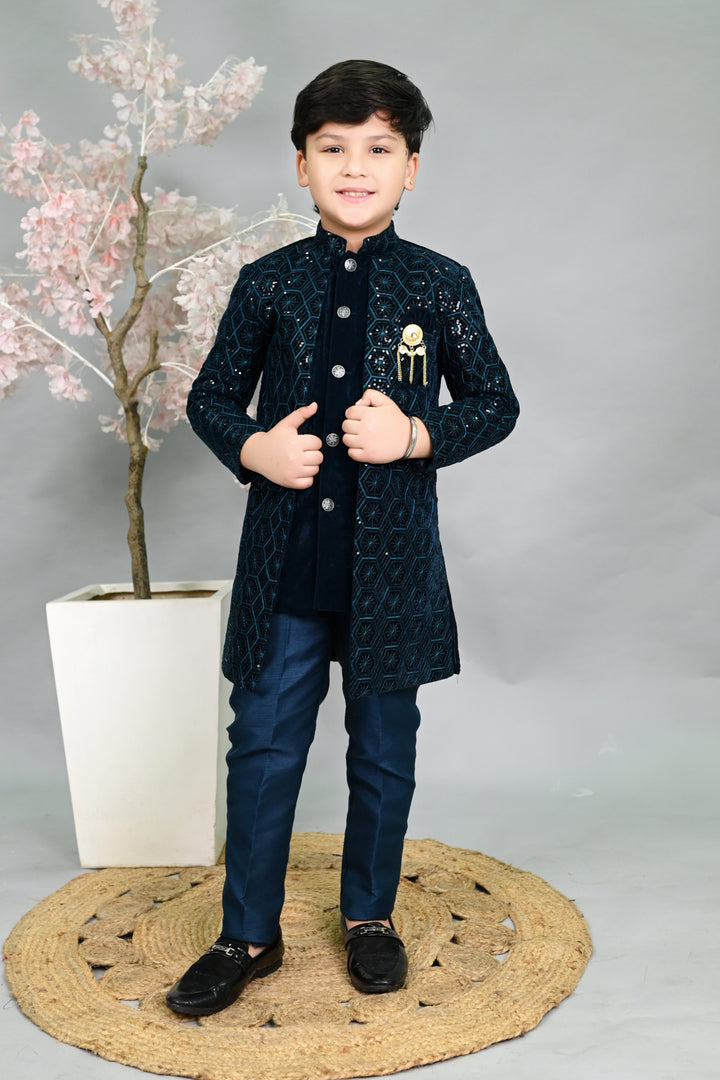 AHHAAAA Boys Velvet Embroidered 2-Piece Sherwani Set with Solid Pajama Pants – Elegant Traditional Outfit for Kids|573| Blue