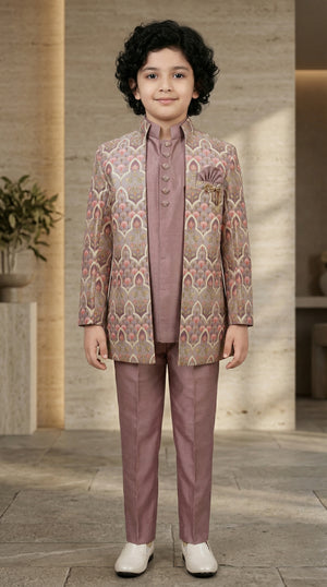 Ahhaaaa Boys Designer Indo-Western Jacket Set with Brooch & Jeweled Buttons (2-11 Years) Pink
