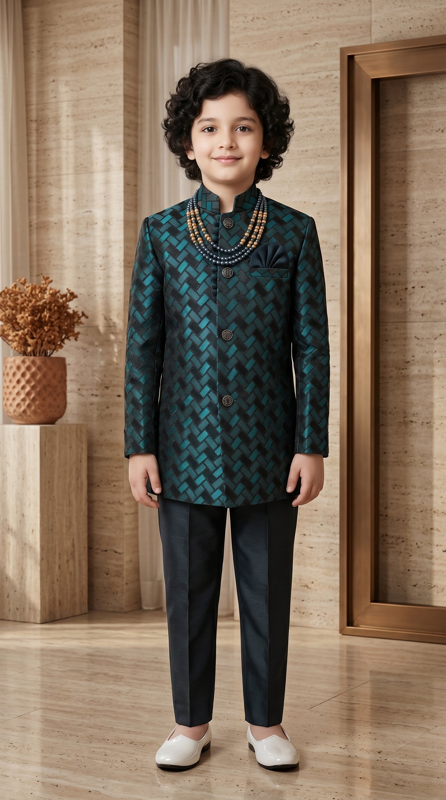 Ahhaaaa Boys Designer Basket-Weave Jodhpuri Suit Set - Wine, Green, Navy (2-11 Years) Dark Green