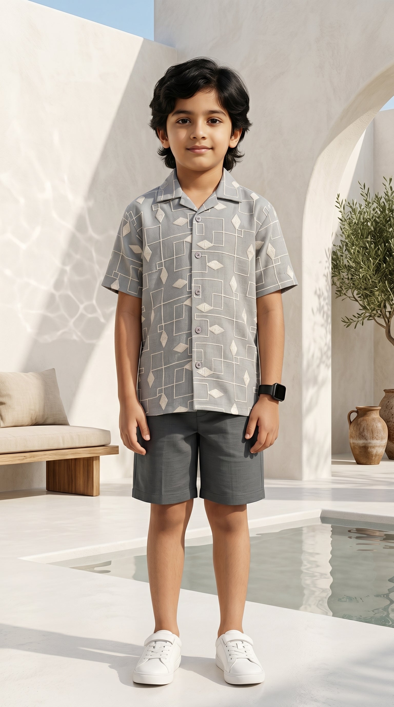 Ahhaaaa Boys 2-Piece Geometric Line-Art Co-ord Set - Brown, Green, Grey (2-12 Years) Gray