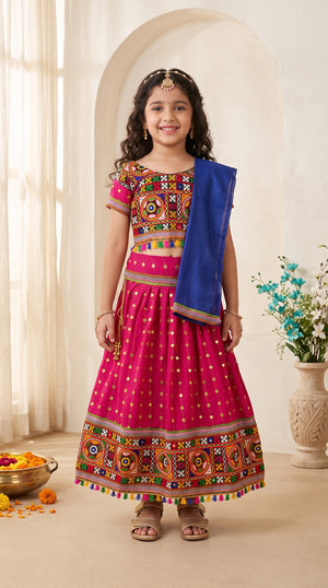 Ahhaaaa Girls' Traditional Dandiya Print Chaniya Choli | Festive Lehenga Blouse & Draped Dupatta 3-Piece Set Pink