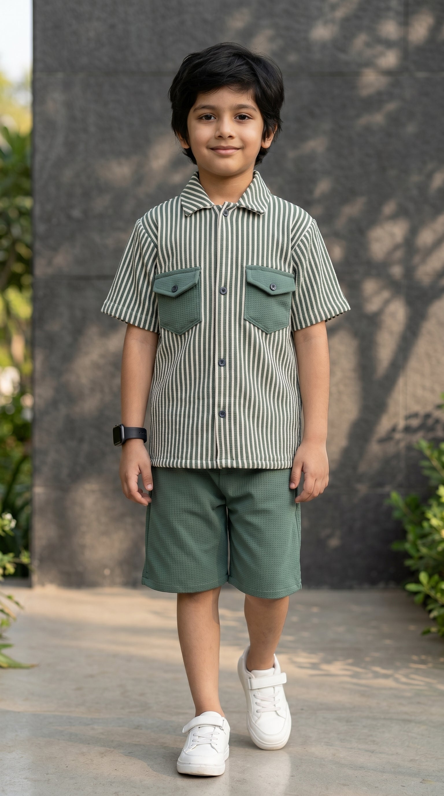 Ahhaaaa Boys 2-Piece Striped Textured Co-ord Set - Shirt & Shorts (Green, Pink, Grey) Green