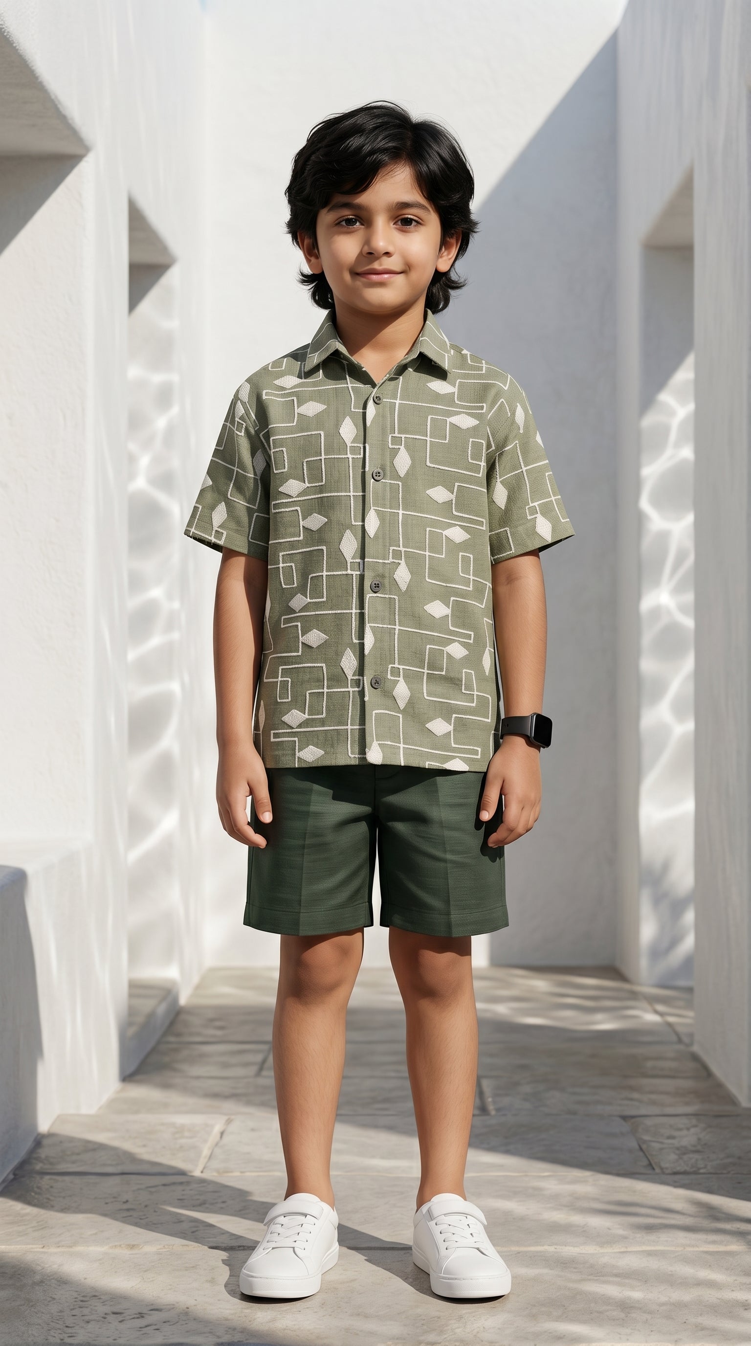 Ahhaaaa Boys 2-Piece Geometric Line-Art Co-ord Set - Brown, Green, Grey (2-12 Years) Green