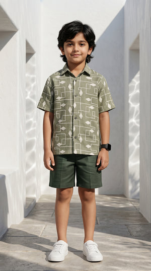Ahhaaaa Boys 2-Piece Geometric Line-Art Co-ord Set - Brown, Green, Grey (2-12 Years) Green