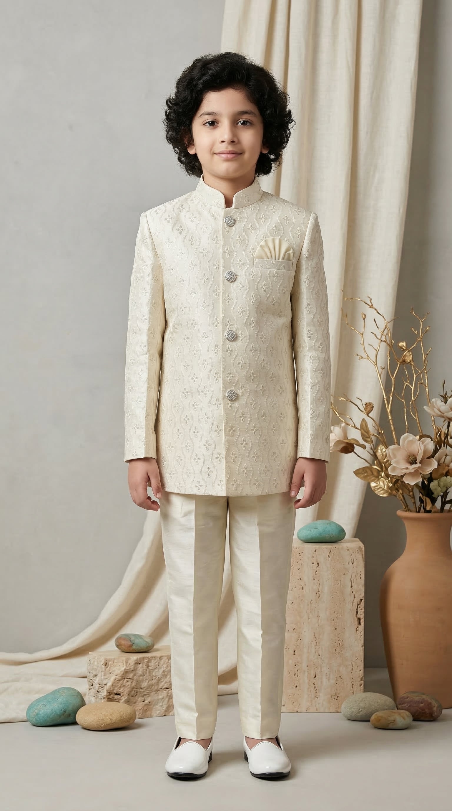 Ahhaaaa Boys Designer Jodhpuri Bandhgala Suit Set - Green, Pink, Cream (2-11 Years) Cream