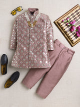 Ahhaaaa Woven Jacquard Boys Indo-Western Sherwani | Kids Kurta Pajama Set with Necklace for Festive, Wedding, Diwali, Eid