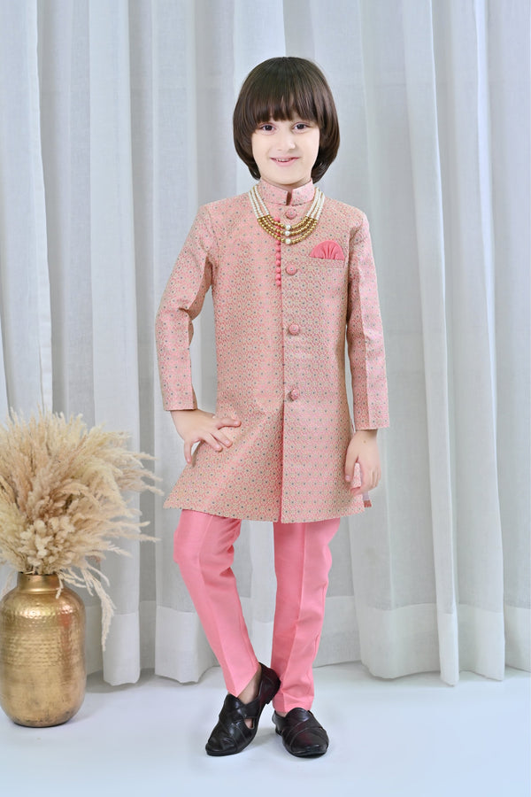 Ahhaaaa Kids Ethnic Silk Embroidered Hand-Work Indo-Western Sherwani Set for Boys