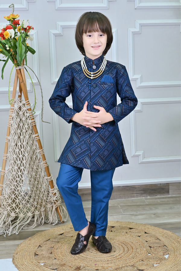 Ahhaaaa Kids Ethnic Jacquard Silk Floral Print Indo-Western Sherwani Set for Boys