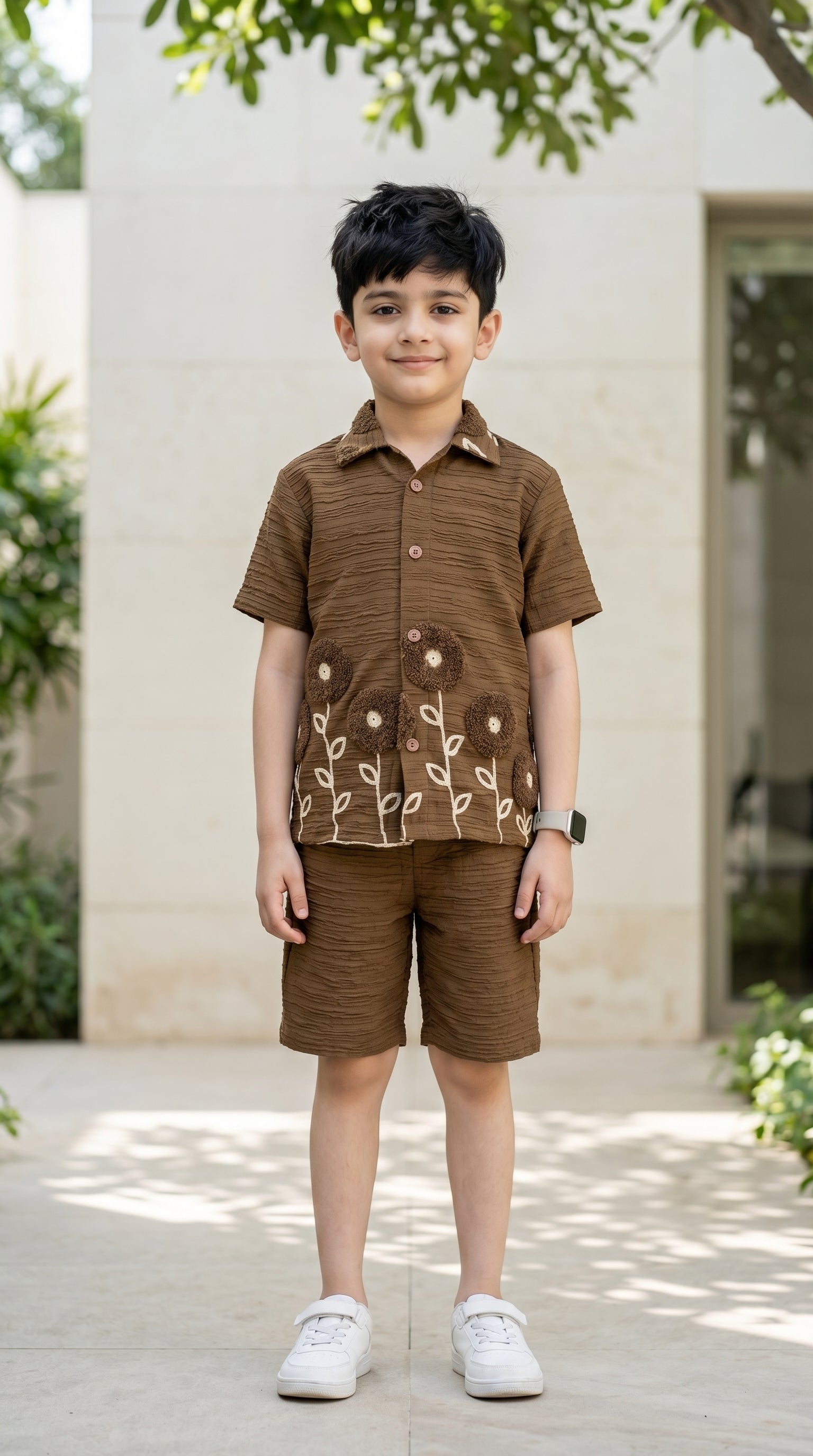 Ahhaaaa Boys Textured Co-ord Set with 3D Floral Embroidery - Shirt & Shorts (Brown, Green, Pink) Brown