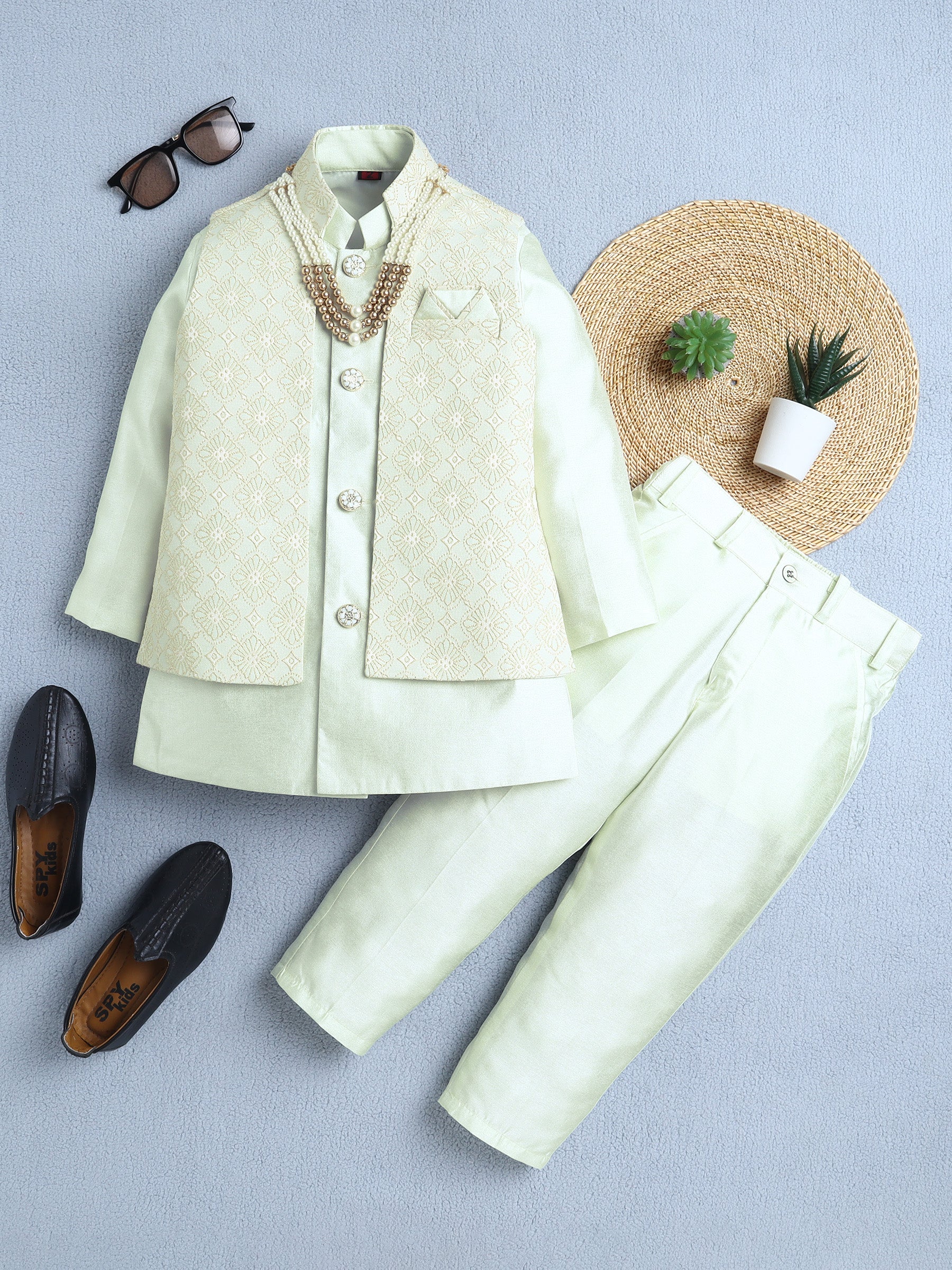 Ahhaaaa Boys Jacquard Sherwani Set | Gold, Pink, Green | Ethnic Party Wear 2-11Y Green