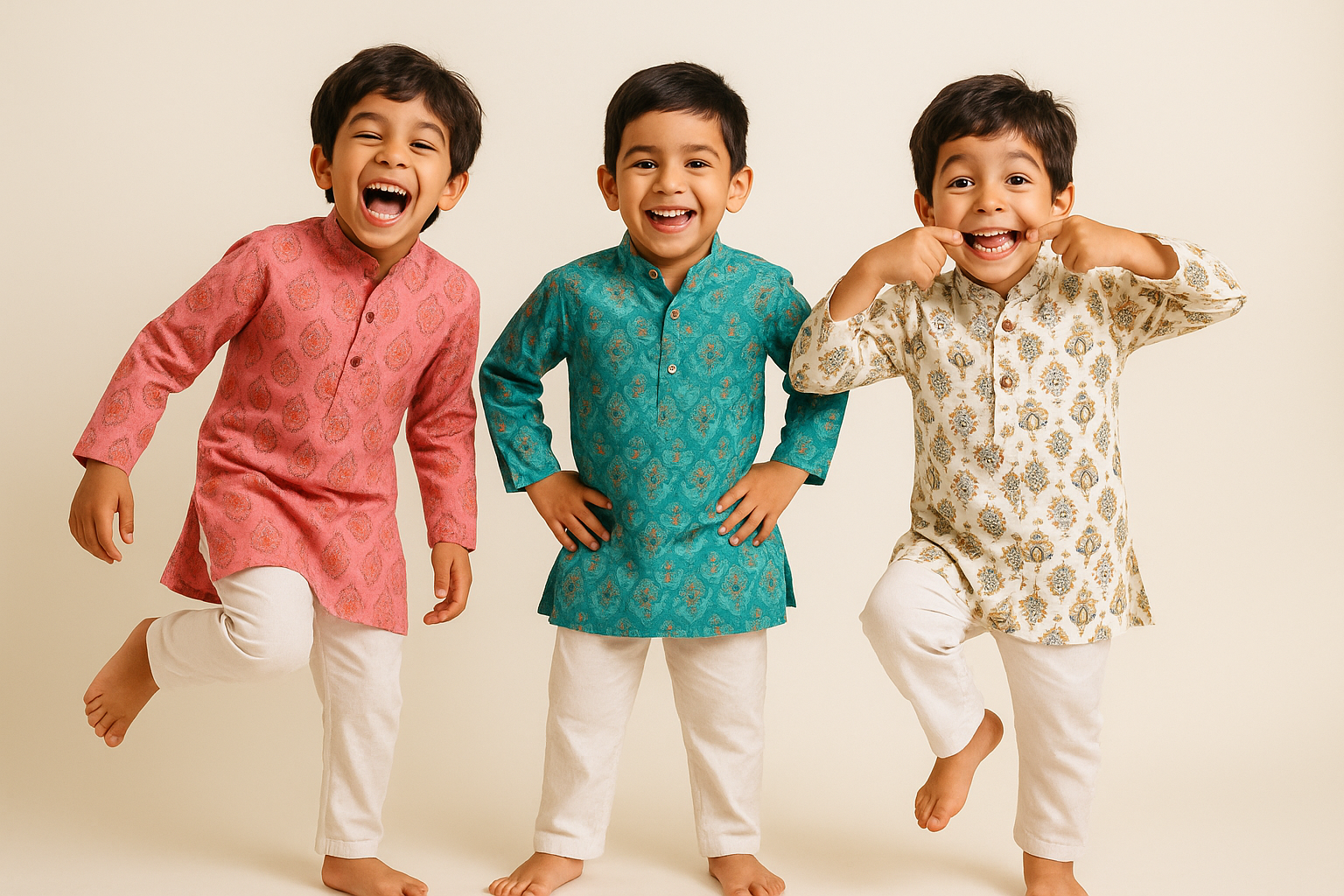 2-3 boys from age 5-9 years, wearing printed Kurta Pajama, (one Pink, one Teal and one maybe white ) doing a playful photoshoot