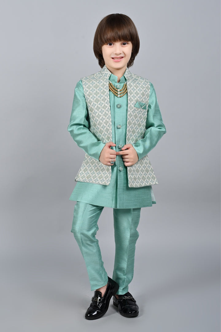 Ahhaaaa Kids Sequin Embedded Indo-Western Kurta, Pajama and Waistcoat Set for Boys