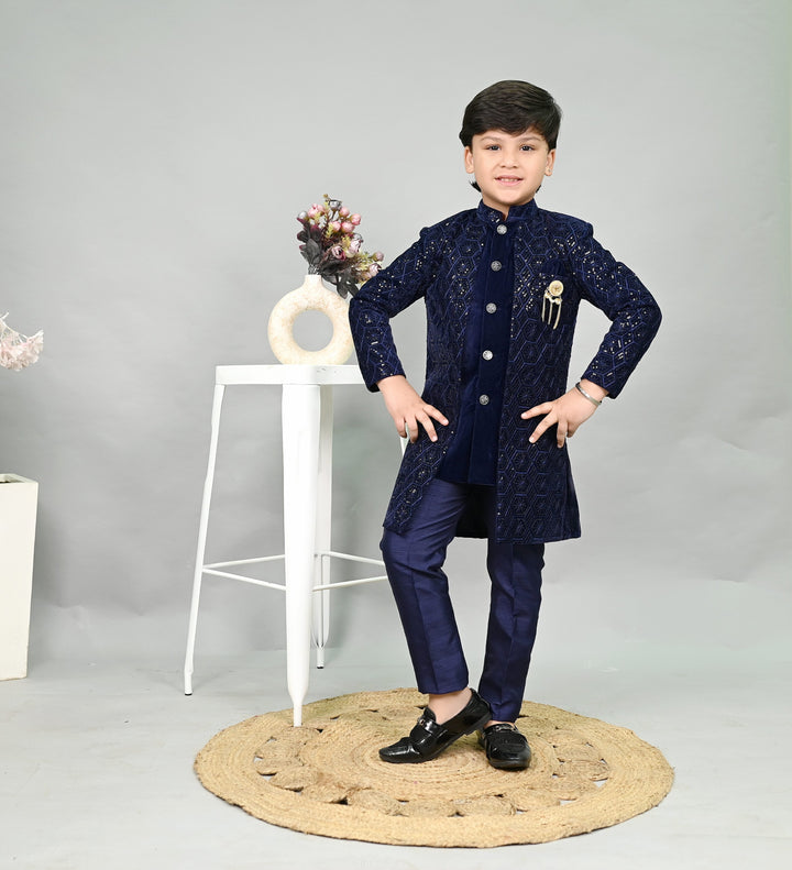 AHHAAAA Boys Velvet Embroidered 2-Piece Sherwani Set with Solid Pajama Pants – Elegant Traditional Outfit for Kids|573|