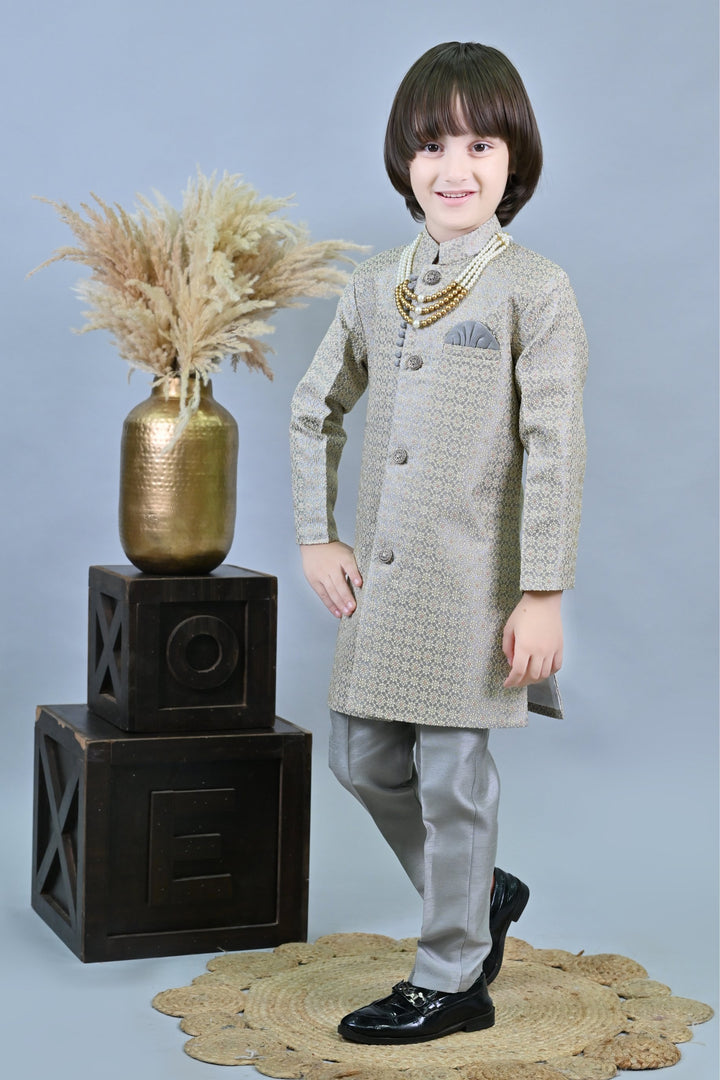 Ahhaaaa Kids Ethnic Silk Embroidered Hand-Work Indo-Western Sherwani Set for Boys