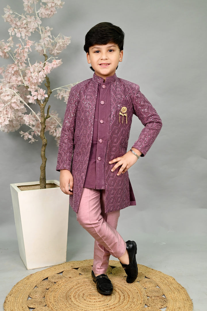 AHHAAAA Boys Velvet Embroidered 2-Piece Sherwani Set with Solid Pajama Pants – Elegant Traditional Outfit for Kids|573|