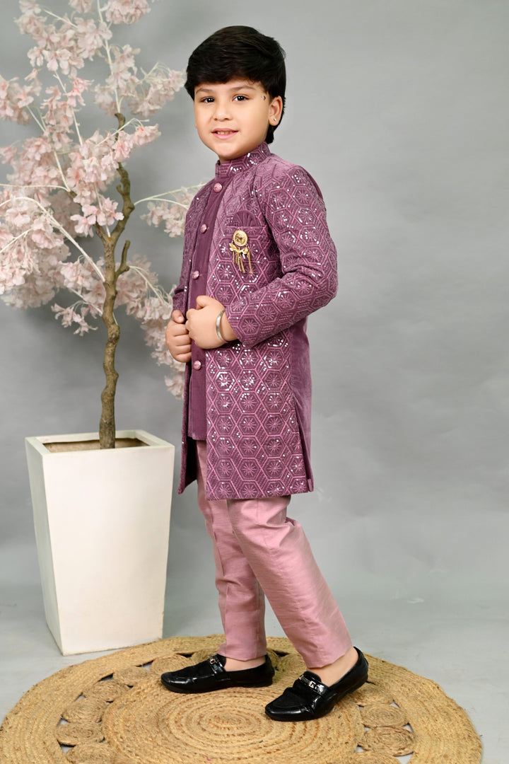 AHHAAAA Boys Velvet Embroidered 2-Piece Sherwani Set with Solid Pajama Pants – Elegant Traditional Outfit for Kids|573|