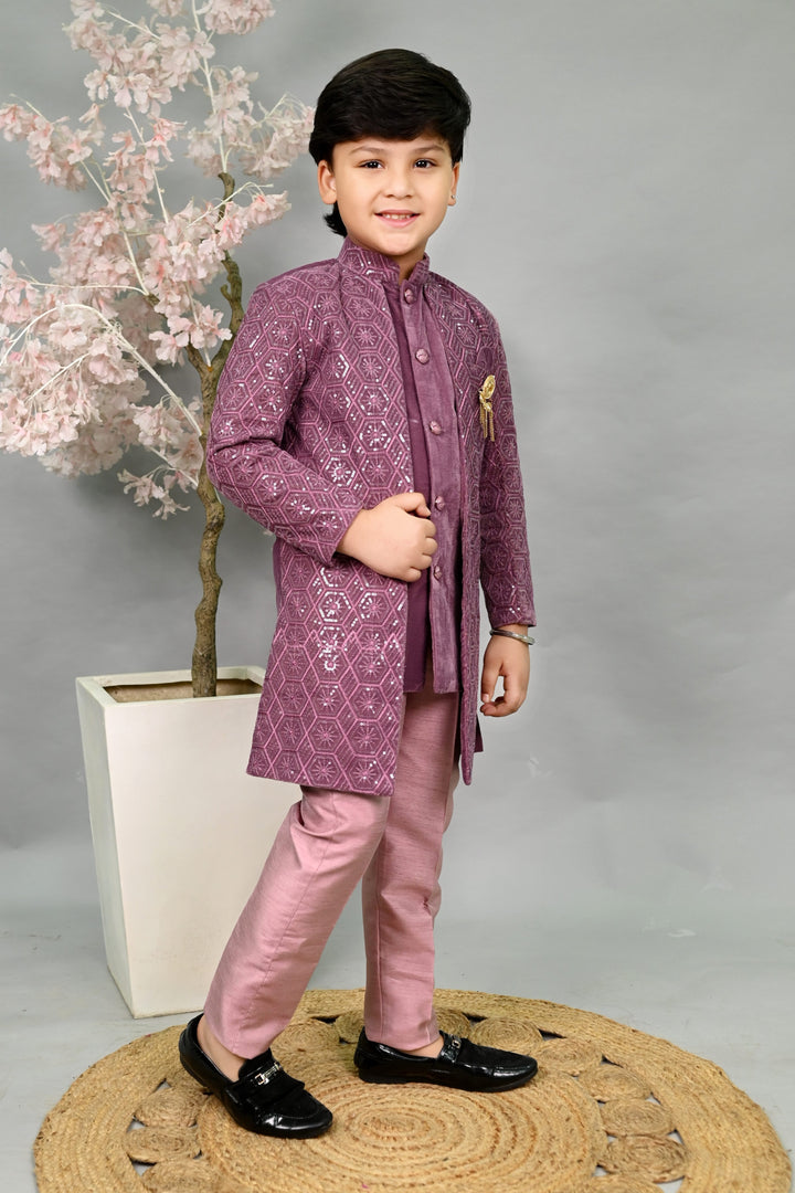 AHHAAAA Boys Velvet Embroidered 2-Piece Sherwani Set with Solid Pajama Pants – Elegant Traditional Outfit for Kids|573|