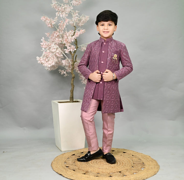 AHHAAAA Boys Velvet Embroidered 2-Piece Sherwani Set with Solid Pajama Pants – Elegant Traditional Outfit for Kids|573| Pink